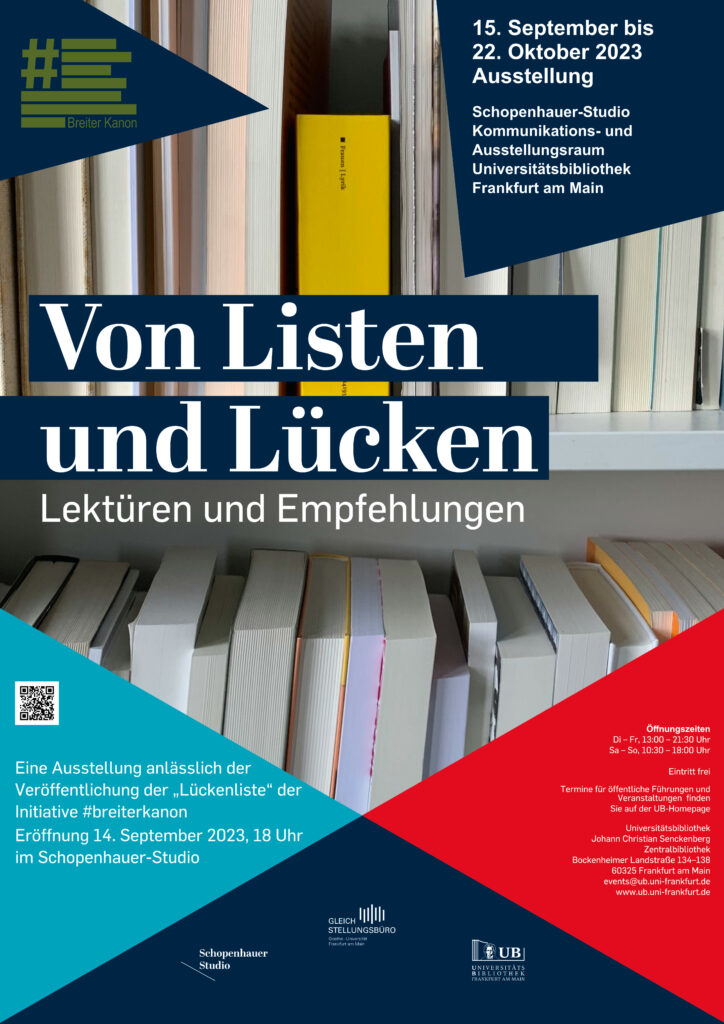 Plakat der Ausstellung "Von Listen und Lücken", 15.9.-22.10.2023, Schopenhauer Studio UB Frankfurt